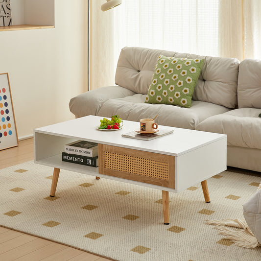 Rattan Coffee Table With Sliding Door For Storage White