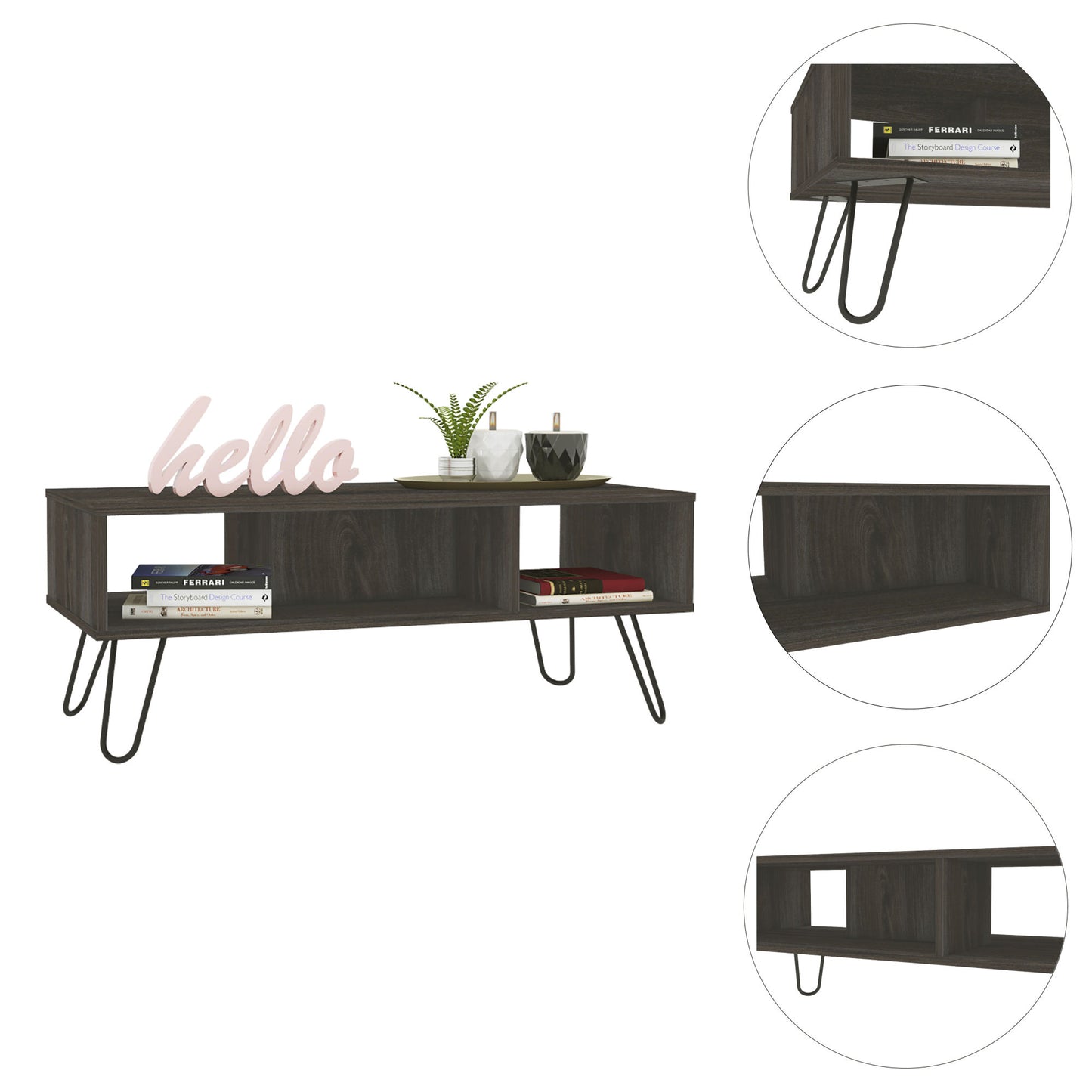 Vassel Coffee Table; Hairpin Legs; Two Shelves -Espresso