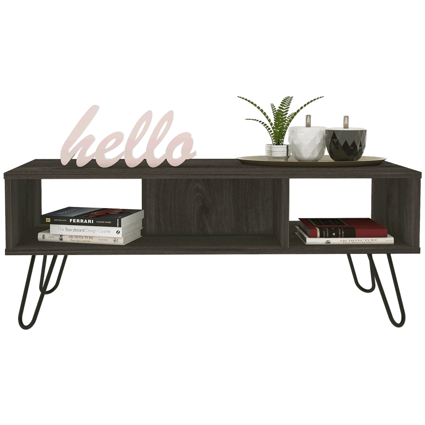 Vassel Coffee Table; Hairpin Legs; Two Shelves -Espresso