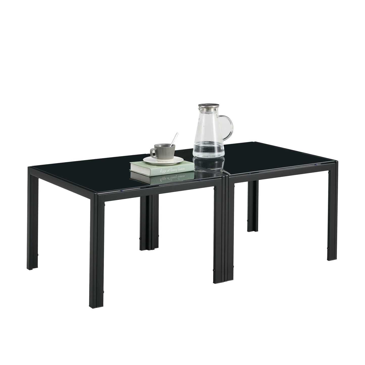 Set of 2 Square Modern Table with Tempered Glass Finish Black