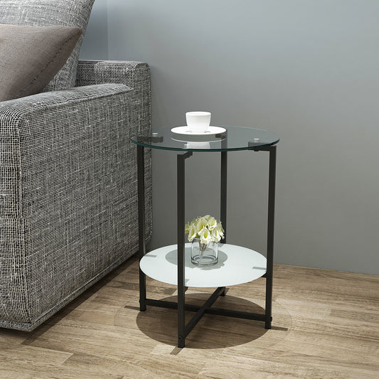 2-layer Tempered Glass Round Coffee Table for Bedroom Living Room Office
