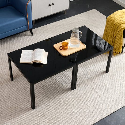 Set of 2 Square Modern Table with Tempered Glass Finish Black