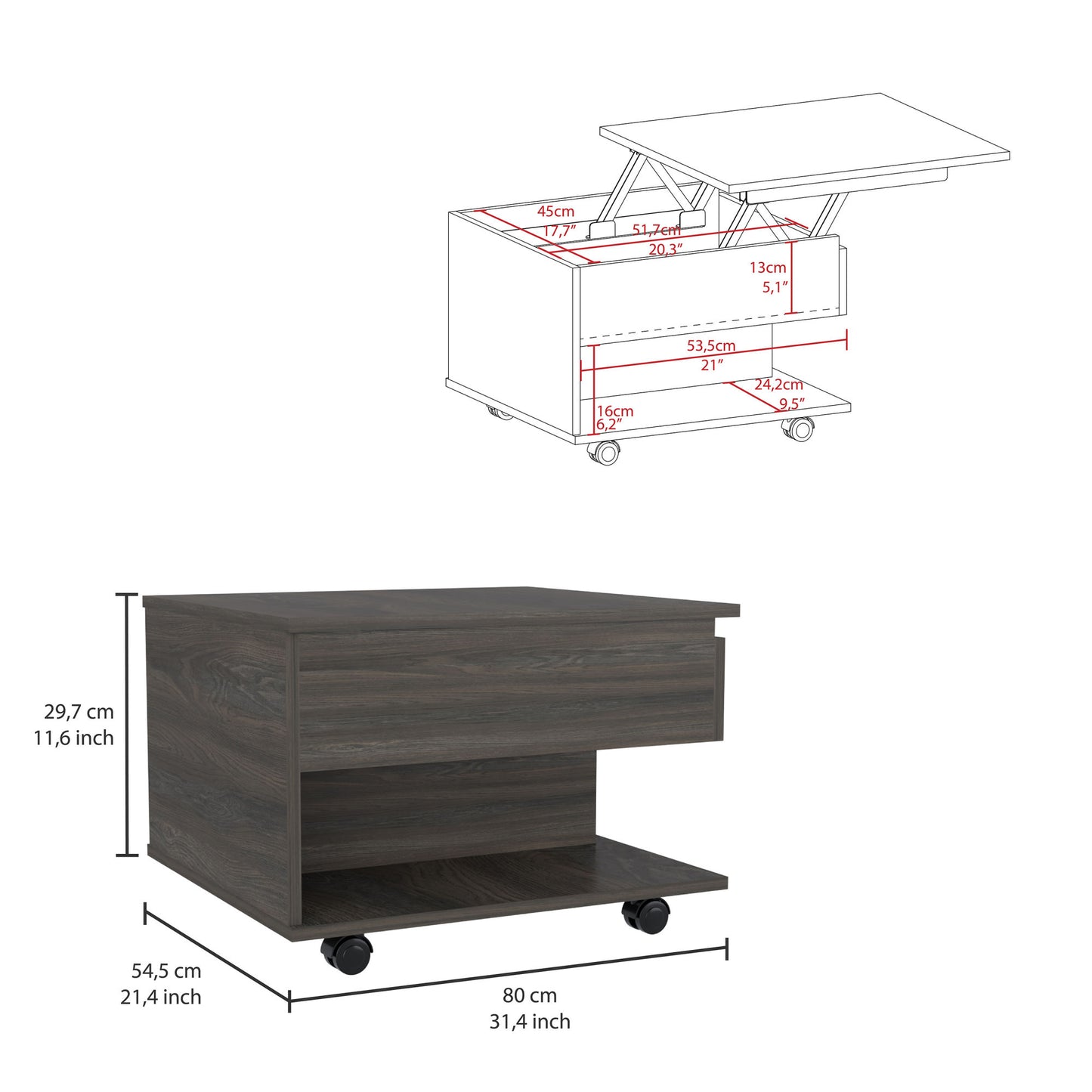 Luanda Lift Top Coffee Table With Casters and One Shelf -Espresso