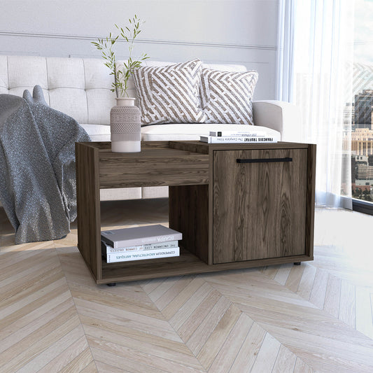Lyon Coffee Table With Single Door Cabinet and One Open Shelf -Dark Walnut