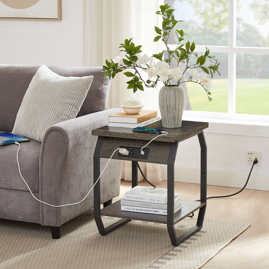 Set of 2 End Tables with USB Ports and Sockets Dark Grey