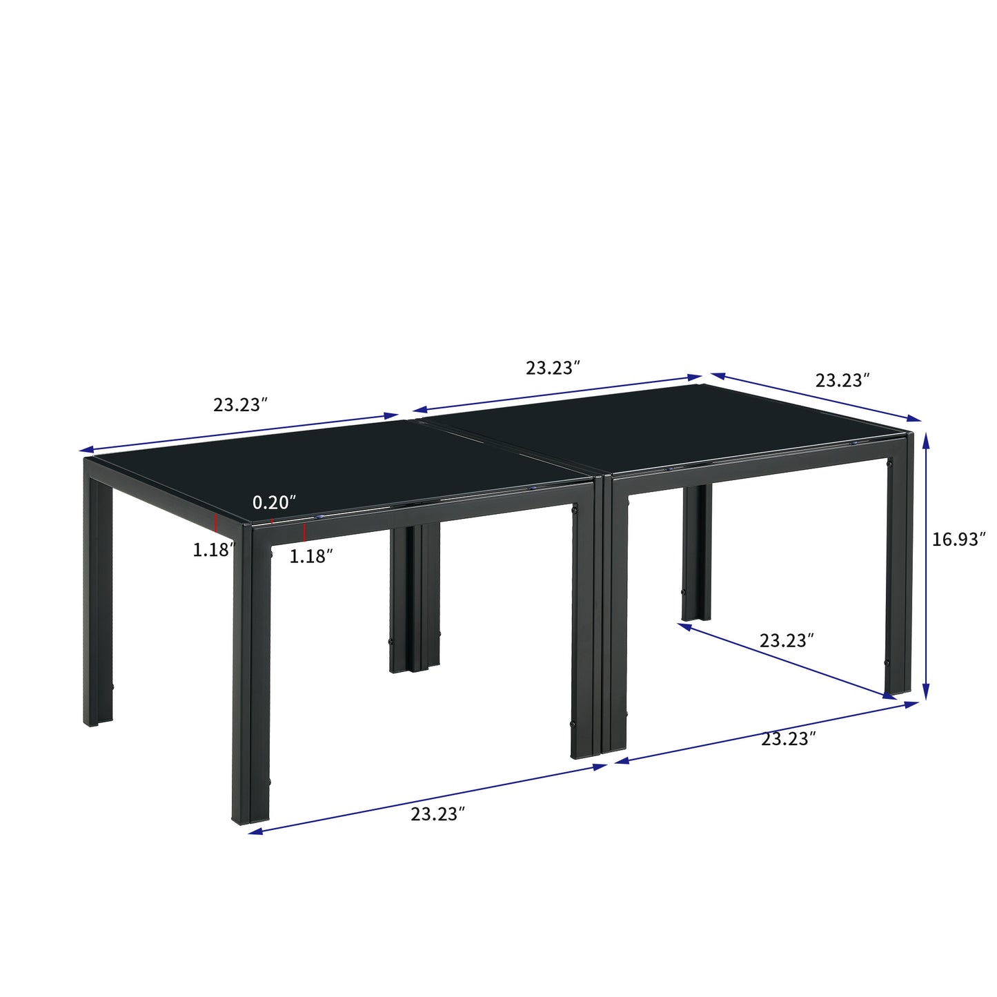 Set of 2 Square Modern Table with Tempered Glass Finish Black