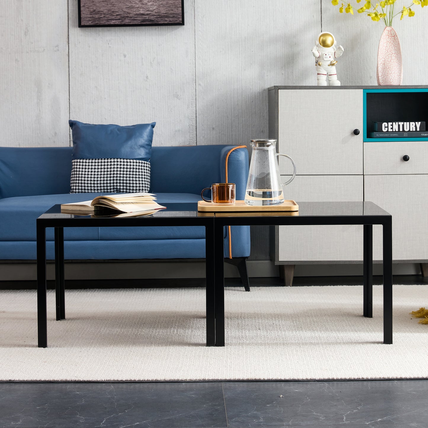 Set of 2 Square Modern Table with Tempered Glass Finish Black