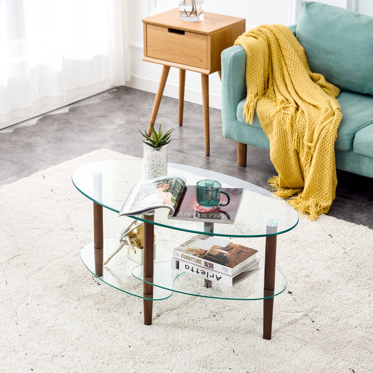 Transparent Oval Glass Coffee Table With Oak Wood Leg 3-layer