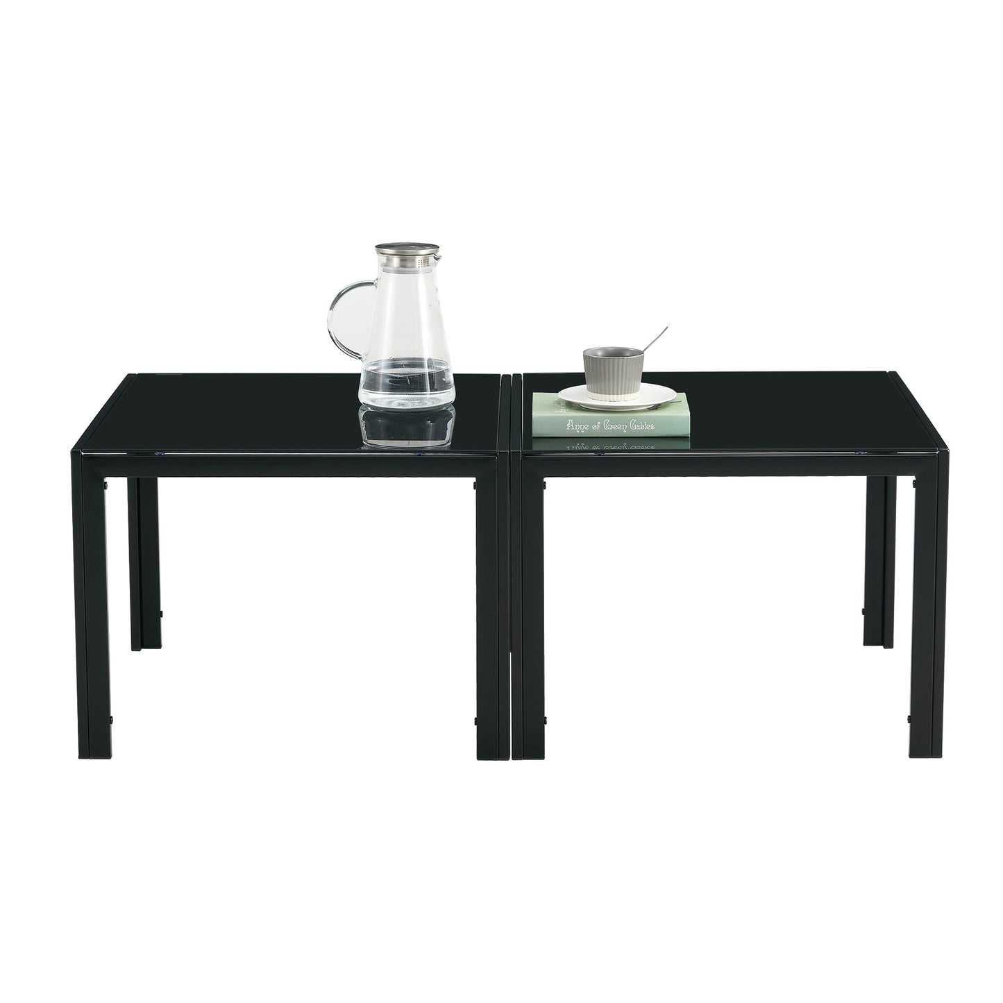 Set of 2 Square Modern Table with Tempered Glass Finish Black