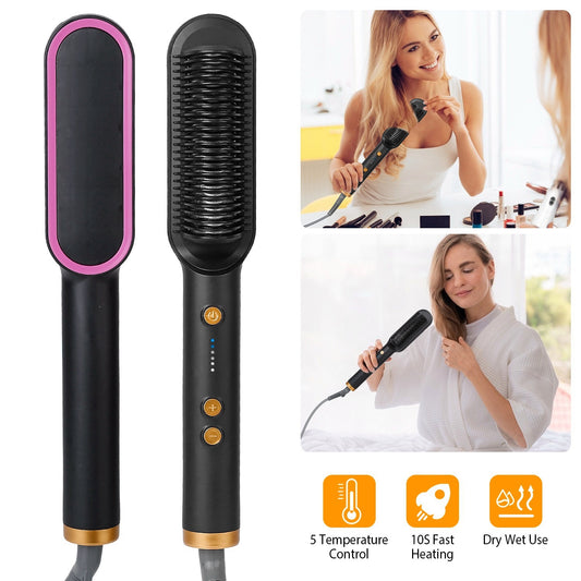 5 Temperature Electric Hair Straightener Brush Curler Hot Comb Adjustment 10S Fast Heating